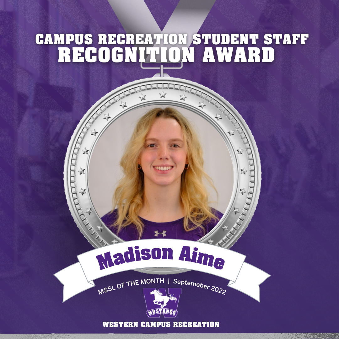 Head shot of Madison Aime inside a silver medal graphic that says Student Staff recognition award